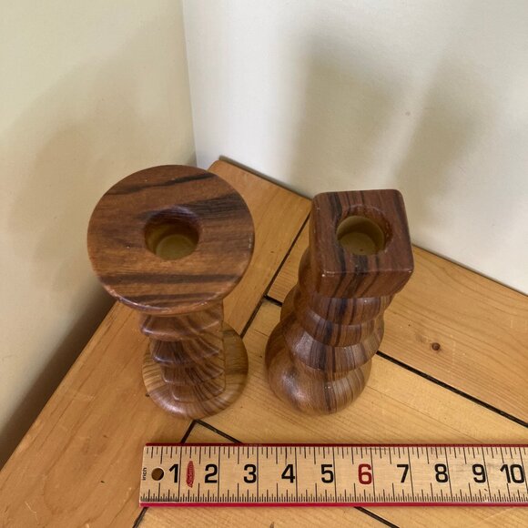 Brown Ceramic Taper Candle Holders Vintage Set of 2 Wood-Look Glaze 8" Tall - Picture 2 of 6